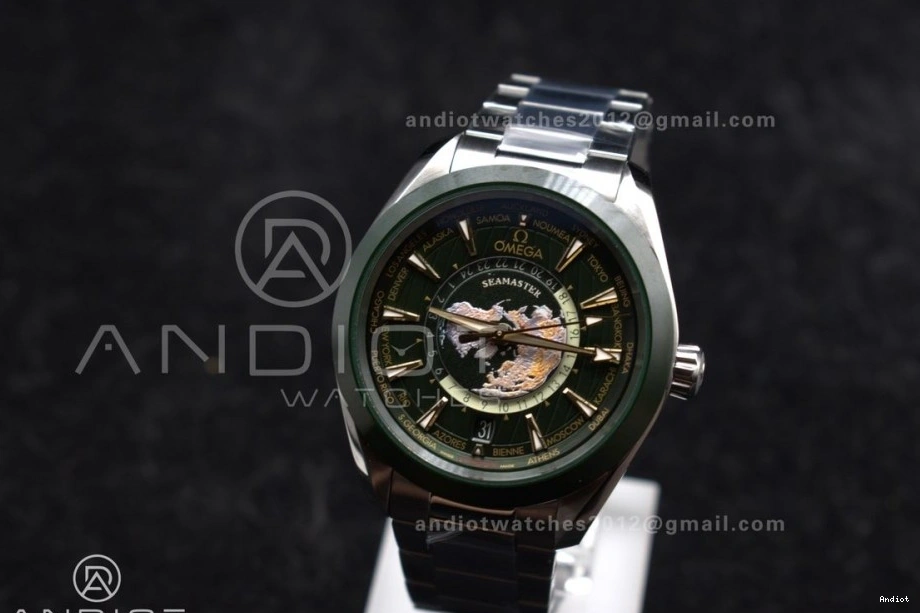 Terra GMT Super Clone Aqua A8938 on Worldtimer Ceramic Green Edition 43mm SS VSF Bracelet Best 1:1 0208
